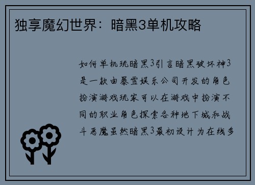 独享魔幻世界：暗黑3单机攻略