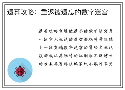 遗弃攻略：重返被遗忘的数字迷宫